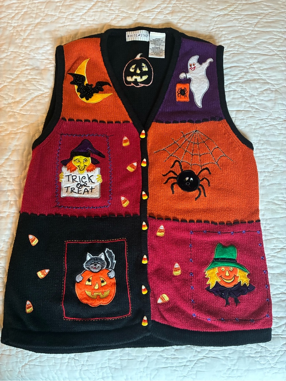 White Stag Halloween Patchwork Knit Vest - Black, Orange, Purple, Red